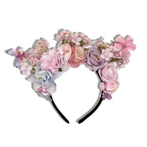 Wreath Hairband with Non-slip Teeth, Girls Handmade Flower Headbands, Colorful Floral Hair Bands for for Girls Kids Children Teens, Ideal for Festivals, Dances (Pink+Blue, Two layers)