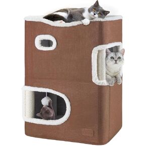 YITAHOME Cat Bed for Indoor Cats Cube House, Covered Cat House with Fluffy Ball Hanging and Nature Sisal Post,Cat Cave Bed Playhouse, Cute Cat Condo for Multi Small Pet Kitten (Grey)