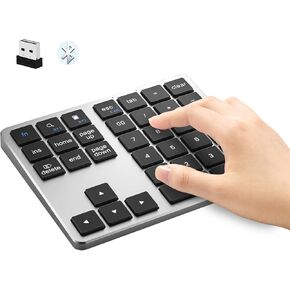 Bluetooth & 2.4G Number Pad, Rechargeable Wireless Numeric Keypad, Slim Silent 34-Keys External Numpad USB Keyboard Compatible for MacBook, iPad, iPhone, iOS, Laptop, Windows, Android, PC