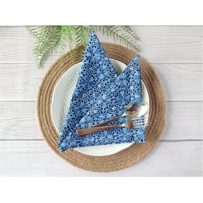Craftbot Soft Cotton Dinner Napkins 18x18 inches - Washable Thin Cloth Napkins Set of 6 - Everyday Use or Dinner Party and Events - Indigo Blue Floral Pattern Lightweight Indian Block Print Fabric