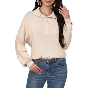 SPR&JOY Women’s Batwing Long Sleeve Knit Sweaters, Button Up V Neck Casual Pullover, Lapel Collar Oversized Solid Jumper Tops