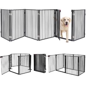 Metal Freestanding Dog Gates,Extra Wide 24", 32" Height Foldable Dog Fence for Indoor & Outdoor, Heavy Duty Freestanding Pet Barrier for Stairs, Doorways, Halls, Kitchen,Yard