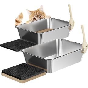 Pack of 2 Extra Large Stainless Steel Cat Litter Boxes, 23.6"x15.7", 6 inches High Sides, Easy to Clean, Metal Cat Litter Pans. Includes Litter Mats, Cardboard Scratchers Pads, Non-Slip Pads