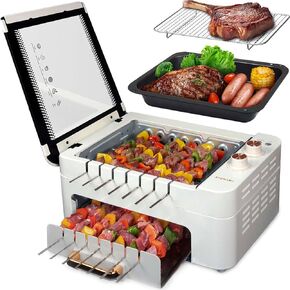 Indoor Smokeless Electric Grill for Kabob Skewers - XHJ Indoor Tabletop BBQ Grill Smokeless Auto 360° Rotating Rotisserie.Indoor Barbecue with Removable Grill Pan,Grill Grate & Lid,Dual Zone Cooking