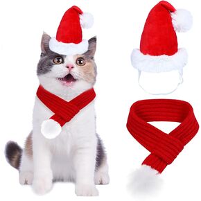 Dog Christmas Santa Hat and Scarf, Dog Christmas Outfit Adjustable Knitted Dog Christmas Scarf with Pompom Ball Holiday Dog Outfit for Small Medium Large X-Large Dogs Pets (Large)