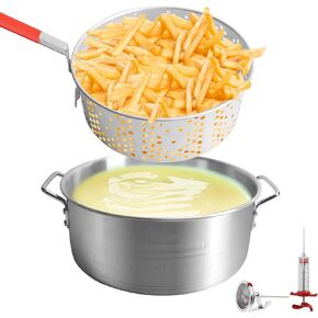 SafBbcue Propane Deep Fryer with 10QT Basket, Aluminum Fish Fryer Pot with Basket, Backyard Fryer with 6.7QT Strainer Basket, Thermometer and 54,000 BTU Propane Burner, Camping Fryer for French Fries