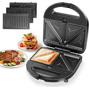 Aigostar Sandwich Maker Panini Press Grill, 3 in 1 Waffle Maker with Removable Non-stick Plates, Electric Grilled Cheese Maker, Portable Cool Touch Handle, Led Indicator Lights & Easy to Clean, 750W