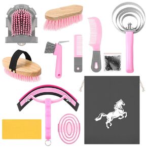 Abbylike 12 Pieces Horse Grooming Kit Tack Room Supplies Horse Brush Sets Equine Care Horse Cleaning Kit Shedding Grooming Massaging Tools(Gray)