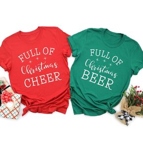 Full Of Christmas Beer and Full Of Christmas Cheer Matching Shirts, Funny Couples Holiday Party T-Shirt, Christmas Gıft (ADULT S, RED, FULL OF THE CHRISTMAS CHEER)