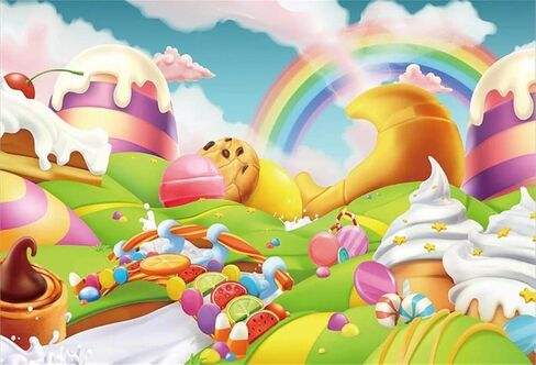 AOFOTO 5x3ft Fantasy Candy Land Landscape Background Cartoon Ice Cream Dessert Lollipop Photography Backdrop Rainbow Birthday Party Decoration Banner Photo Studio Props Kid Baby Girl Vinyl Wallpaper in Kuwait