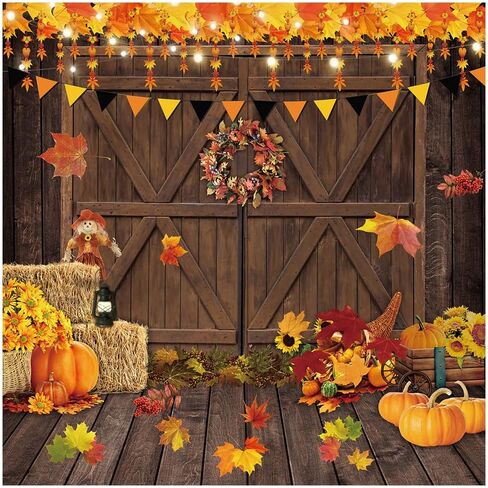 YYNXSY Fall Thanksgiving Photography Backdrop Autumn Pumpkin Harvest Barn Background Maple Leaves Rustic Wooden Door Garland Backdrops for Portrait Photoshoot Photo Studio 7X5FT YY-2531 in Kuwait
