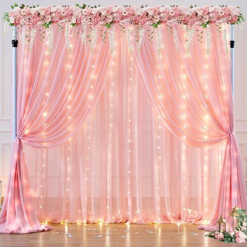 10ft x 10ft Champagne Chiffon Backdrop Curtain with Lights String for Parties,2 Panels Sheer Chiffon Curtain Wedding Backdrop with Lights for Baby Shower Birthday Ceremony Reception Home Decorations in Kuwait