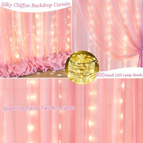 10ft x 10ft Champagne Chiffon Backdrop Curtain with Lights String for Parties,2 Panels Sheer Chiffon Curtain Wedding Backdrop with Lights for Baby Shower Birthday Ceremony Reception Home Decorations in Kuwait