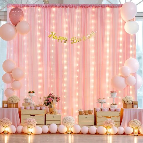 10ft x 10ft Champagne Chiffon Backdrop Curtain with Lights String for Parties,2 Panels Sheer Chiffon Curtain Wedding Backdrop with Lights for Baby Shower Birthday Ceremony Reception Home Decorations in Kuwait