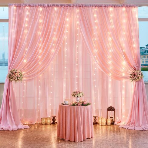 10ft x 10ft Champagne Chiffon Backdrop Curtain with Lights String for Parties,2 Panels Sheer Chiffon Curtain Wedding Backdrop with Lights for Baby Shower Birthday Ceremony Reception Home Decorations in Kuwait