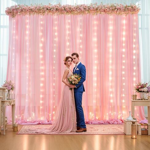 10ft x 10ft Champagne Chiffon Backdrop Curtain with Lights String for Parties,2 Panels Sheer Chiffon Curtain Wedding Backdrop with Lights for Baby Shower Birthday Ceremony Reception Home Decorations in Kuwait