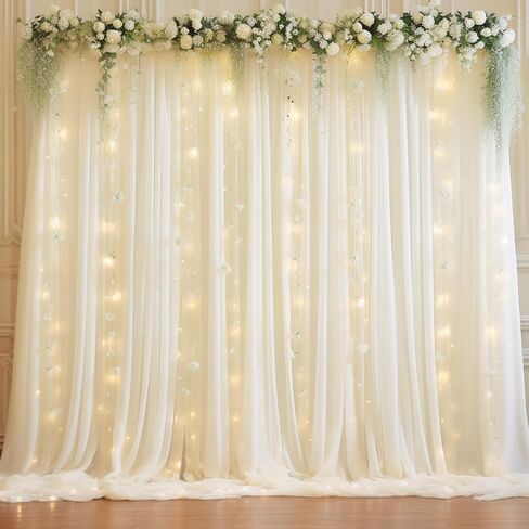 10ft x 10ft Champagne Chiffon Backdrop Curtain with Lights String for Parties,2 Panels Sheer Chiffon Curtain Wedding Backdrop with Lights for Baby Shower Birthday Ceremony Reception Home Decorations in Kuwait
