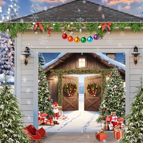 Christmas Garage Door Decorations Cover Banner Backdrop 7x16ft Xmas Garage Door Cover Banner Winter Barn Xmas Tree Gifts Large Hanging 2 Car Garage Door Cover for Christmas Outdoor Holiday Decorations in Saudi Arabia