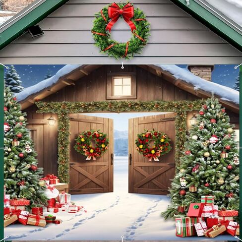 Christmas Garage Door Decorations Cover Banner Backdrop 7x16ft Xmas Garage Door Cover Banner Winter Barn Xmas Tree Gifts Large Hanging 2 Car Garage Door Cover for Christmas Outdoor Holiday Decorations in Saudi Arabia