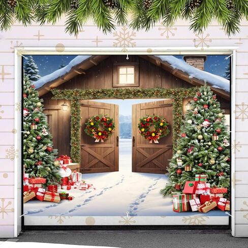 Christmas Garage Door Decorations Cover Banner Backdrop 7x16ft Xmas Garage Door Cover Banner Winter Barn Xmas Tree Gifts Large Hanging 2 Car Garage Door Cover for Christmas Outdoor Holiday Decorations in Saudi Arabia