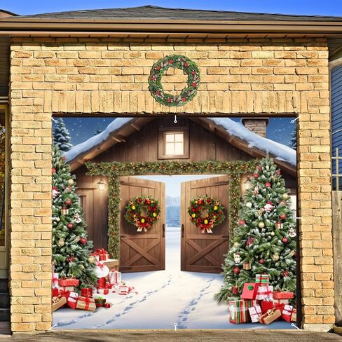 Christmas Garage Door Decorations Cover Banner Backdrop 7x16ft Xmas Garage Door Cover Banner Winter Barn Xmas Tree Gifts Large Hanging 2 Car Garage Door Cover for Christmas Outdoor Holiday Decorations in Saudi Arabia