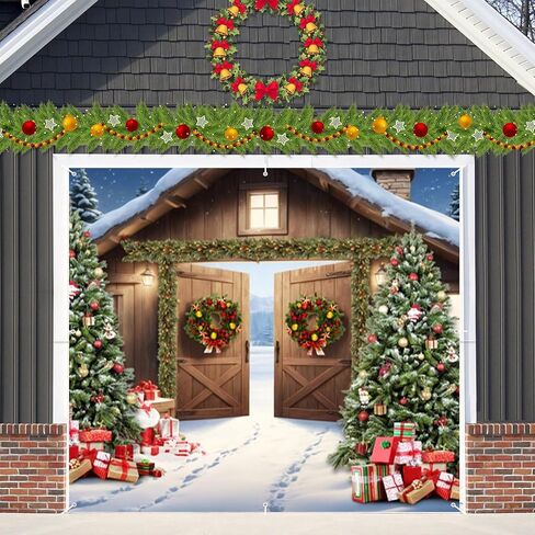 Christmas Garage Door Decorations Cover Banner Backdrop 7x16ft Xmas Garage Door Cover Banner Winter Barn Xmas Tree Gifts Large Hanging 2 Car Garage Door Cover for Christmas Outdoor Holiday Decorations in Saudi Arabia
