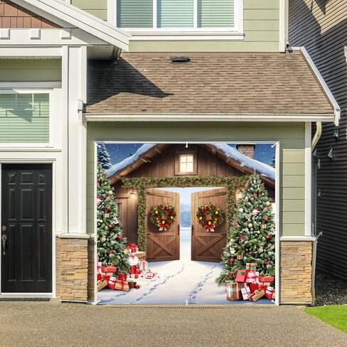 Christmas Garage Door Decorations Cover Banner Backdrop 7x16ft Xmas Garage Door Cover Banner Winter Barn Xmas Tree Gifts Large Hanging 2 Car Garage Door Cover for Christmas Outdoor Holiday Decorations in Saudi Arabia