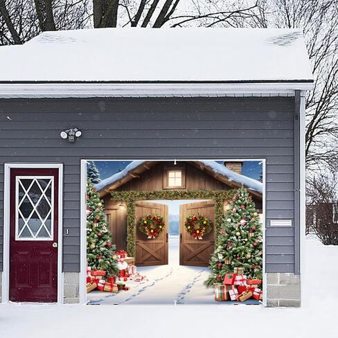 Christmas Garage Door Decorations Cover Banner Backdrop 7x16ft Xmas Garage Door Cover Banner Winter Barn Xmas Tree Gifts Large Hanging 2 Car Garage Door Cover for Christmas Outdoor Holiday Decorations in Saudi Arabia