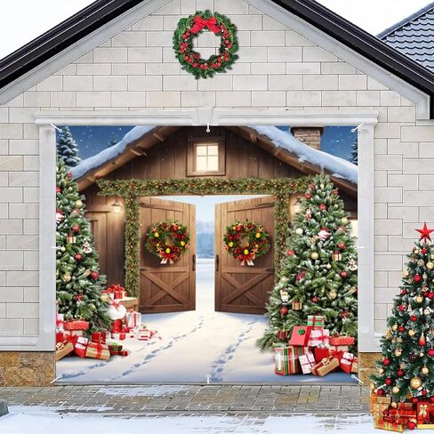 Christmas Garage Door Decorations Cover Banner Backdrop 7x16ft Xmas Garage Door Cover Banner Winter Barn Xmas Tree Gifts Large Hanging 2 Car Garage Door Cover for Christmas Outdoor Holiday Decorations in Saudi Arabia
