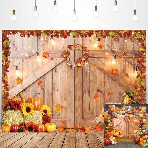 Fall Harvest Barn Backdrop Autumn Thanksgiving Wooden Farm Door Photography Background Rustic Pumpkin Maple Leaves Baby Shower Birthday Party Decorations Supplies 7x5FT in Kuwait