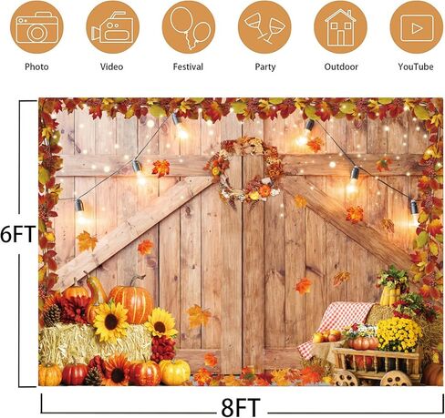 Fall Harvest Barn Backdrop Autumn Thanksgiving Wooden Farm Door Photography Background Rustic Pumpkin Maple Leaves Baby Shower Birthday Party Decorations Supplies 7x5FT in Kuwait