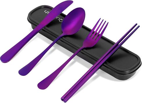 Travel Utensils with Case, Quatish 5 Piece Stainless Steel Silverware Set for Work, Portable Reusable Travel Cutlery Set, Fork and Spoon Set for Picnic, Camping, Gadgets, Lunch Box for Men, Black in Kuwait