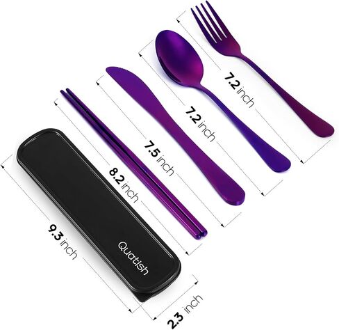 Travel Utensils with Case, Quatish 5 Piece Stainless Steel Silverware Set for Work, Portable Reusable Travel Cutlery Set, Fork and Spoon Set for Picnic, Camping, Gadgets, Lunch Box for Men, Black in Kuwait