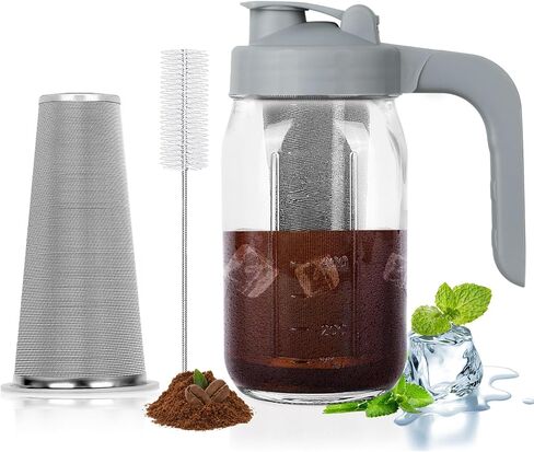 Cold Brew Coffee Maker Pitcher, 64 Oz Heavy Duty Glass Mason Jar Pitcher with V-shaped Pour Spout Handle Lid,Stainless Steel Filter for Iced Coffee,Iced tea,Fruit Drinks,lemonade - Black in Saudi Arabia