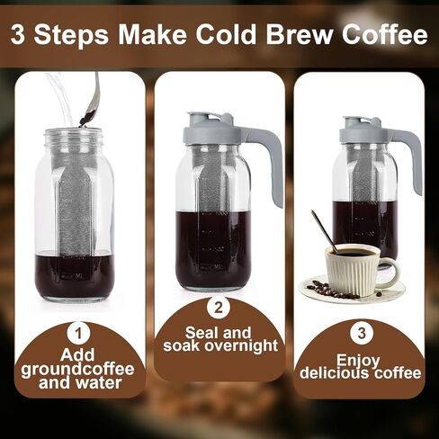 Cold Brew Coffee Maker Pitcher, 64 Oz Heavy Duty Glass Mason Jar Pitcher with V-shaped Pour Spout Handle Lid,Stainless Steel Filter for Iced Coffee,Iced tea,Fruit Drinks,lemonade - Black in Saudi Arabia
