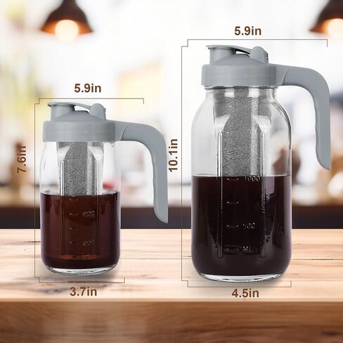 Cold Brew Coffee Maker Pitcher, 64 Oz Heavy Duty Glass Mason Jar Pitcher with V-shaped Pour Spout Handle Lid,Stainless Steel Filter for Iced Coffee,Iced tea,Fruit Drinks,lemonade - Black in Saudi Arabia