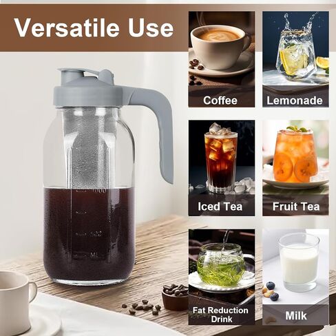 Cold Brew Coffee Maker Pitcher, 64 Oz Heavy Duty Glass Mason Jar Pitcher with V-shaped Pour Spout Handle Lid,Stainless Steel Filter for Iced Coffee,Iced tea,Fruit Drinks,lemonade - Black in Saudi Arabia