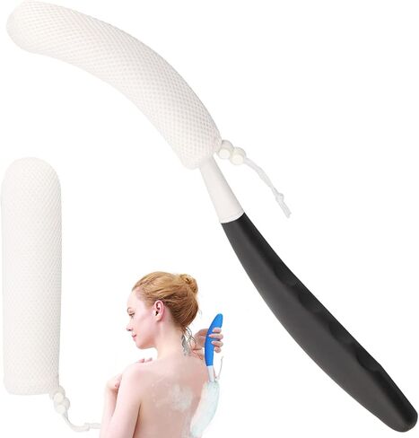 15.35" Back Bath Brush with Sponge,Back Scrubber Bath Mesh with Curved Long Handle Bath Body Brush for Elderly Aid Bathing and Shower in Kuwait