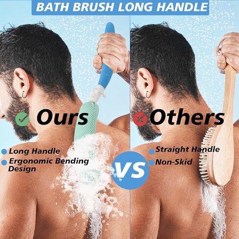15.35" Back Bath Brush with Sponge,Back Scrubber Bath Mesh with Curved Long Handle Bath Body Brush for Elderly Aid Bathing and Shower in Kuwait