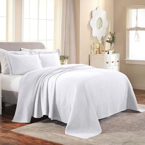 Superior Cotton Fleur De Lis Bedspread Set, Warm Blankets, All-Season Bedding, Bedroom Decor, Decorative Boho Medallion Coverlet, Includes 1 Bedspread, 2 Pillow Shams, Queen, White in Saudi Arabia