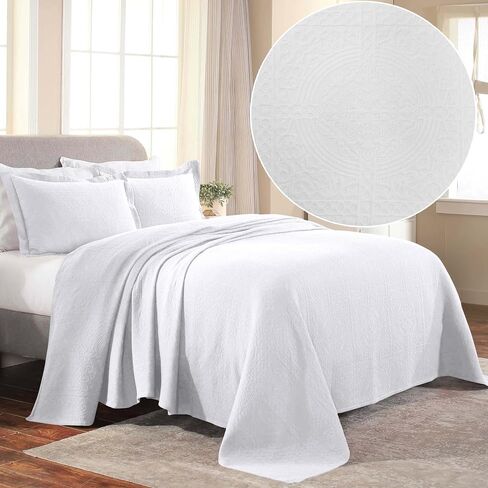 Superior Cotton Fleur De Lis Bedspread Set, Warm Blankets, All-Season Bedding, Bedroom Decor, Decorative Boho Medallion Coverlet, Includes 1 Bedspread, 2 Pillow Shams, Queen, White in Saudi Arabia