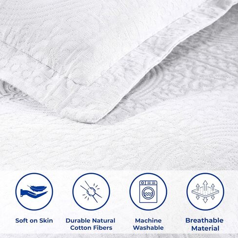 Superior Cotton Fleur De Lis Bedspread Set, Warm Blankets, All-Season Bedding, Bedroom Decor, Decorative Boho Medallion Coverlet, Includes 1 Bedspread, 2 Pillow Shams, Queen, White in Saudi Arabia