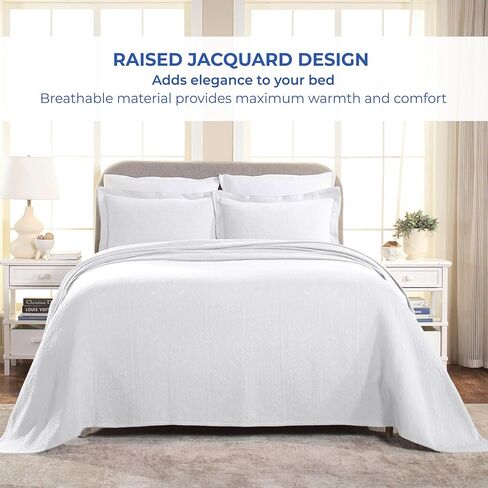 Superior Cotton Fleur De Lis Bedspread Set, Warm Blankets, All-Season Bedding, Bedroom Decor, Decorative Boho Medallion Coverlet, Includes 1 Bedspread, 2 Pillow Shams, Queen, White in Saudi Arabia