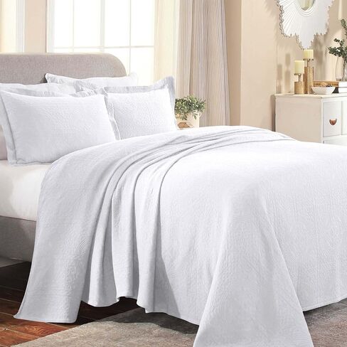 Superior Cotton Fleur De Lis Bedspread Set, Warm Blankets, All-Season Bedding, Bedroom Decor, Decorative Boho Medallion Coverlet, Includes 1 Bedspread, 2 Pillow Shams, Queen, White in Saudi Arabia