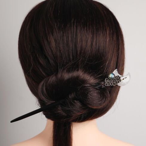 Wooden Moon Chopstick Hairpin Crystal Amethyst Labradorite Handcraft Gift for Her… (Amethyst) in Saudi Arabia
