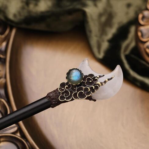 Wooden Moon Chopstick Hairpin Crystal Amethyst Labradorite Handcraft Gift for Her… (Amethyst) in Saudi Arabia
