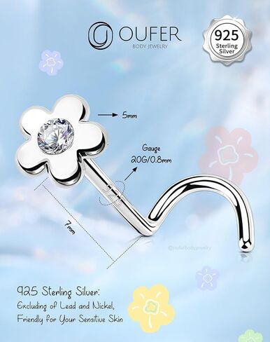 OUFER 20G Nose Rings, 925 Sterling Siver Nose Studs, Flower Nostril Nose Piercing Jewelry, Cute Nose Rings Studs, Clear CZ Nose Rings For Women in Saudi Arabia