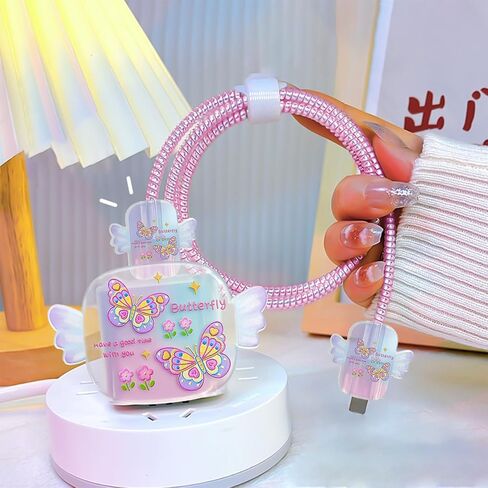 Butterfly Cable Protector for iPhone Charger with Wings Design, Cute Pretty Flower Pattern Data Line USB Cover Wire Cord Saver Lightning Cable Case for iPhone 11 12 13 14 Pro Max Plus in Kuwait
