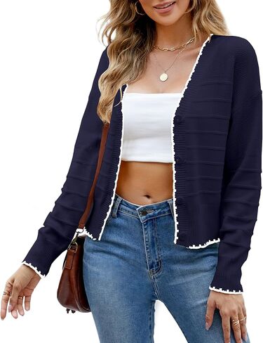 سترة نسائية مقصوصة بأكمام طويلة ورقبة على شكل حرف V وأزرار سفلية سترات صوفية مفتوحة من الأمام ومتماسكة وخفيفة الوزن ملابس خارجية in Kuwait