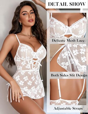 Avidlove Lingerie for Women Lace Babydoll Mesh Chemise Nightgown Side Slit Nightwear S-XXL in Saudi Arabia